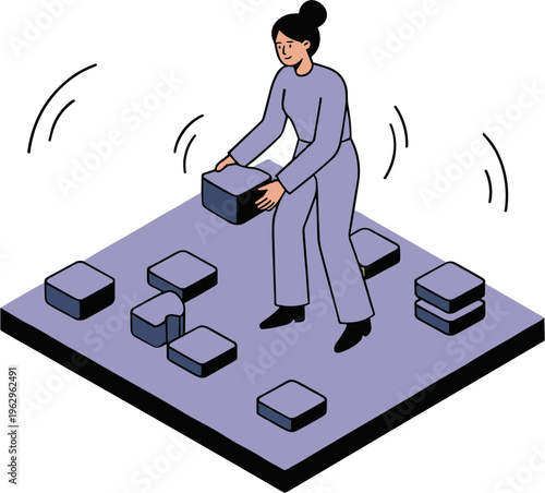 Woman stacking blocks on a square platform with motion lines around her.