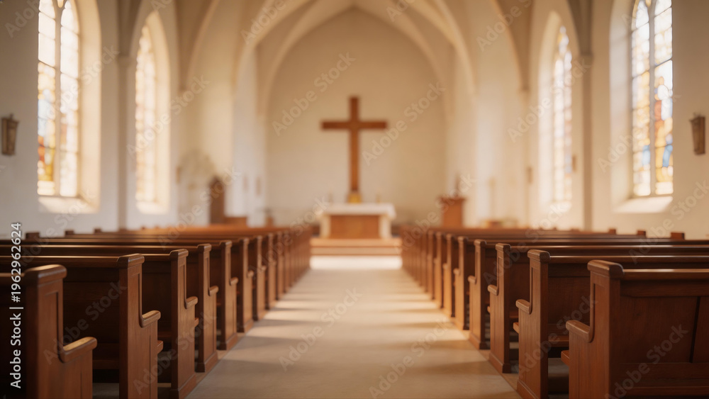 Fototapeta premium Blurred View of Empty Wooden Pews Inside a Peaceful Church