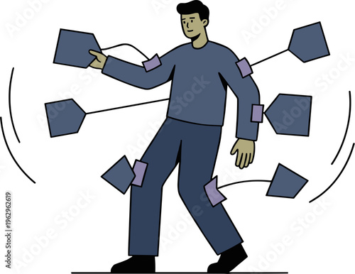 Man walking while juggling multiple boxes around his body in motion