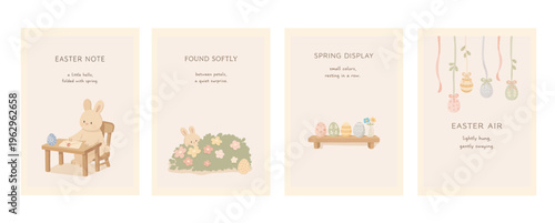 手描き風イースターカードセット（うさぎ・フラワー・リボンエッグ）
、Hand-drawn Style Easter Cards with Bunny, Floral and Hanging Eggs
