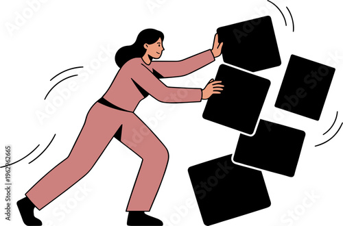 Woman struggles to hold falling black squares in a dynamic scene.