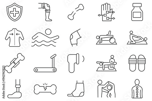 physiotherapy icons set. physiotherapy icons for web and mobile. Set of physiotherapy included icons line rehabilitation, foot massage, gymnastics, exercise ball, massage. 