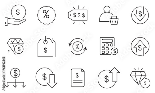 Price line icon set. Containing product, price tag, cost, quotation, invoice, estimate, discount,  transfer, payment, price range and more. Vector illustration.