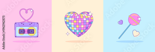 Set of 80s-90s retro disco elements or attributes isolated on colorful background. Cassete, disco ball, chupa chups icons. Vector illustration