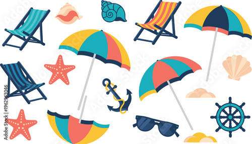 Beach Vacation Essentials Vector Set Featuring Colorful Umbrellas, Beach Chairs, Starfish, Sunglasses, Shells, and Nautical Elements