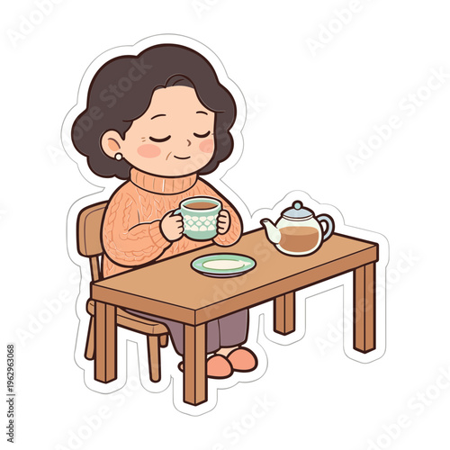 A young girl enjoys tea at a small table indoors smiling