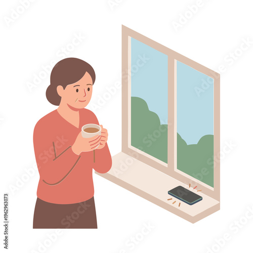 Woman stands indoors holding coffee cup looking out window at green landscape