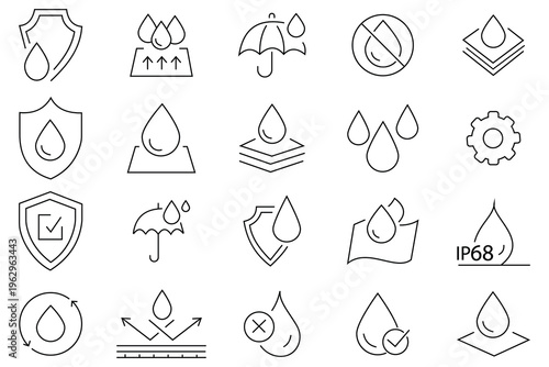 Waterproof icons. Vector illustration include icon . Water protection, liquid proof protection. Shield with water drop. Anti wetting material, hydrophobic fabric, surface protection.