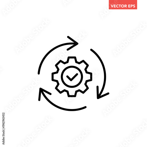 Black single round gear update confiremed line icon, simple cogwheel process flat design vector pictogram, infographic interface elements for app logo web button ui isolated on white background
