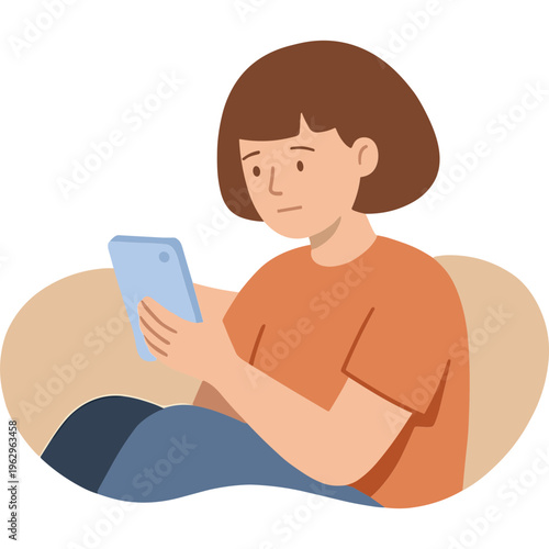 Woman sitting on couch looking at tablet with concerned expression