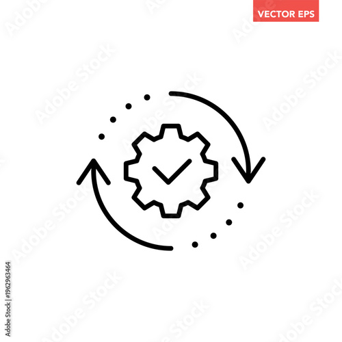 Black single round gear update confiremed line icon, simple cogwheel process flat design vector pictogram, infographic interface elements for app logo web button ui isolated on white background
