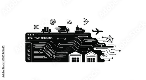 Real-time tracking illustration displays a complex logistics network with various transport methods, warehouses, and data connections, symbolizing modern supply chain management.