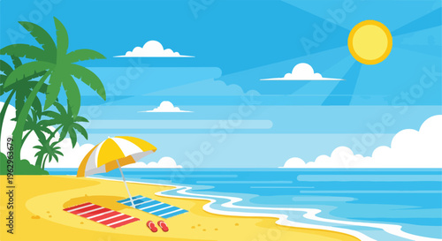 A sunny beach scene with palm trees, a parasol, and the ocean