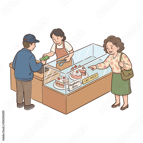 A woman buys cakes from a bakery display case while a man pays.