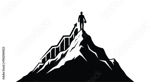 A solitary human silhouette stands triumphantly atop a jagged mountain peak, with a rising bar graph integrated into the mountainside, symbolizing business achievement and financial growth.