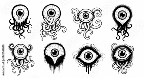 Urban Graffiti Alien Eyes and Tentacles Vector Illustration Sheet in Black Ink Grunge Punk Street Art Style