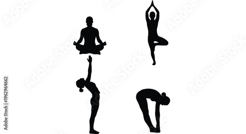 Diverse collection of yoga poses vector illustration showcasing various mindful meditation and fitness positions
