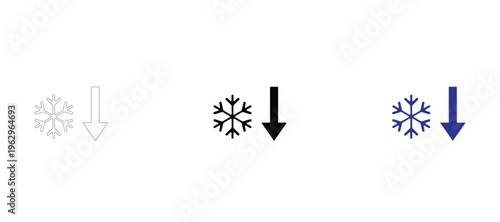  Snowflake with Down Arrow Icon Set, Winter Temperature Drop and Cooling Vector Illustrations, Cold Weather Forecast Concept Graphics, Minimalist Line Art and Silhouette Icons for Air Conditioning