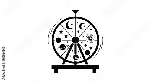 A spinning wheel of fortune displaying celestial bodies like planets and stars represents destiny and cosmic chance.