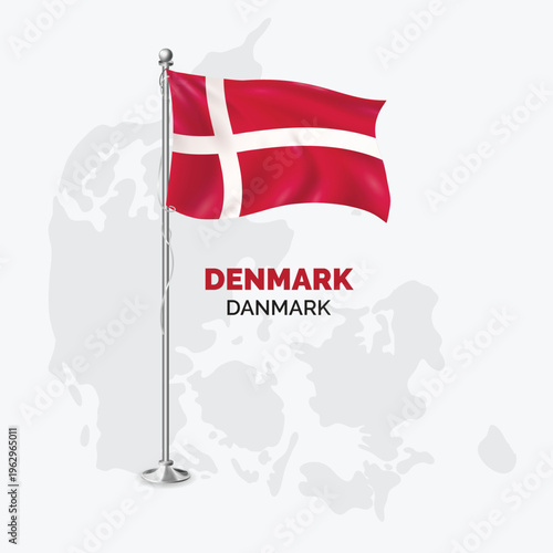 Waving flag of Denmark on flagpole. Template for independence day poster design, Danmakr Flag with World Map Behind them on White Background	