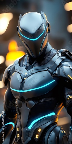 Futuristic battle humanoid wearing sleek metallic armor with glowing blue lights