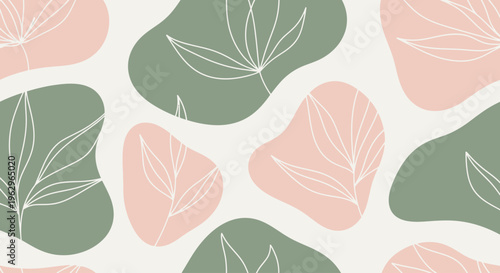 A pastel-colored abstract pattern featuring green and pink shapes with white leaf outlines on a cream background, in a flat lay composition with a soft, calming mood.