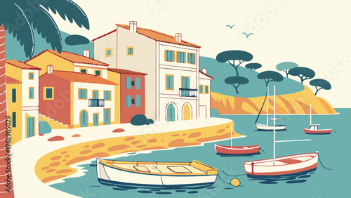 Colorful Seaside Fishing Village Harbor Spain Flat Vector Illustration