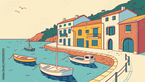 Colorful Seaside Fishing Village Harbor Spain Flat Vector Illustration