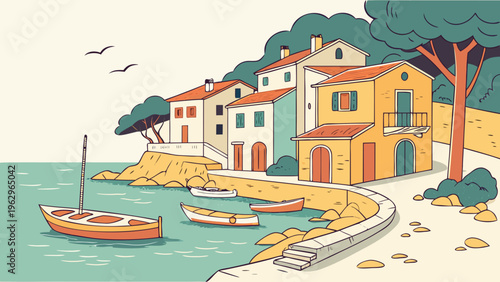 Colorful Seaside Fishing Village Harbor Spain Flat Vector Illustration