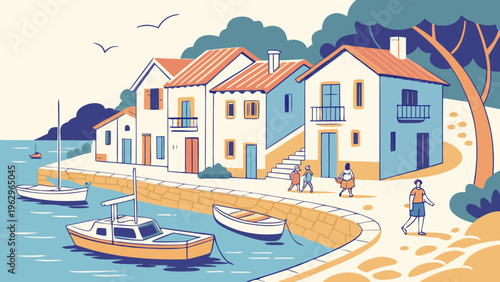 Colorful Seaside Fishing Village Harbor Spain Flat Vector Illustration