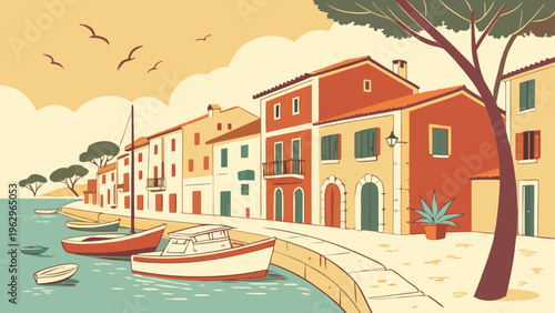 Colorful Seaside Fishing Village Harbor Spain Flat Vector Illustration