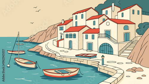 Colorful Seaside Fishing Village Harbor Spain Flat Vector Illustration