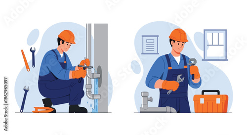Skilled plumber illustration set showing maintenance and repair of leaking water pipes and tools