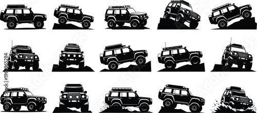 Collection of 15 black and white jeep silhouette images in various positions