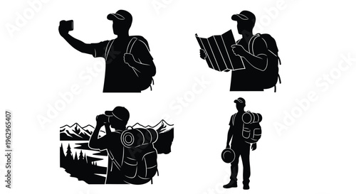 Vector illustration set depicting a male traveler enjoying various outdoor adventure activities and exploration.