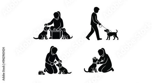 Collection of black silhouette vector graphics illustrating various essential dog care and walking activities.