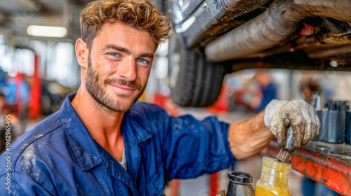 Professional mechanic at work in a busy auto repair shop, skillfully handling car maintenance tasks during a bright afternoon shift