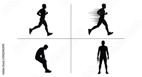 Collection of male running and fitness silhouettes illustrating different stages of athletic activity and exertion