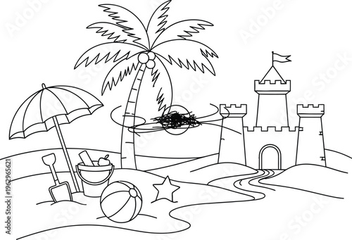 Beach scene with palm tree and sandcastle