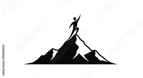 Person stands triumphantly atop a rugged mountain peak, symbolizing the journey towards success and the achievement of ambitious goals.
