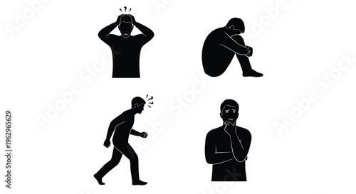 Collection of vector graphic illustrations showing men dealing with stress, worry, and sadness