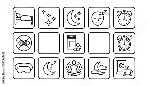 Modern sleep and night outline icons collection with insomnia bed and pills editable stroke vector