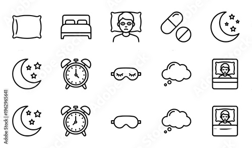 Minimal sleep icons set with insomnia pillow bed and night symbols editable stroke black and white vector
