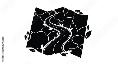 Winding road illustration depicted on a cracked map fragment surrounded by stylized leaves, suggesting a difficult path forward.