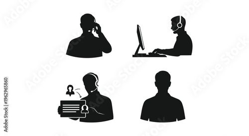 Essential vector icon set illustrating male customer service representatives engaged in various support communication activities.