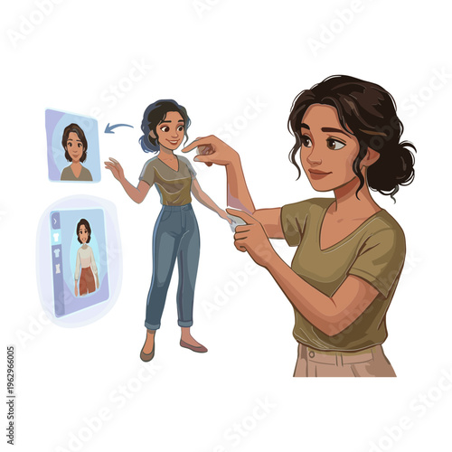 Woman takes selfie with smartphone in hand, posing with pictures.