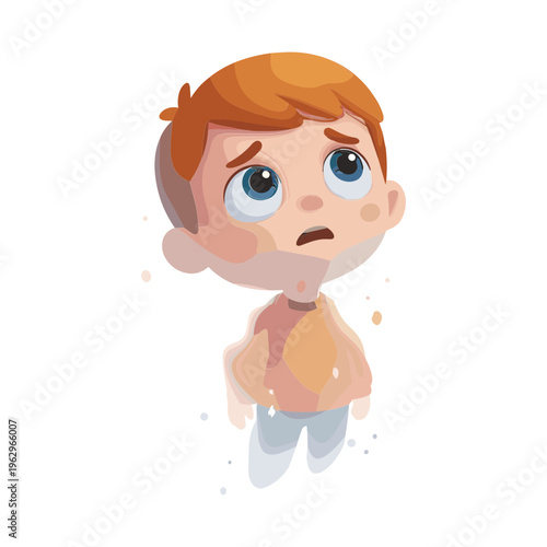 A cartoon boy feels emotions of fear and anxiety indoors.