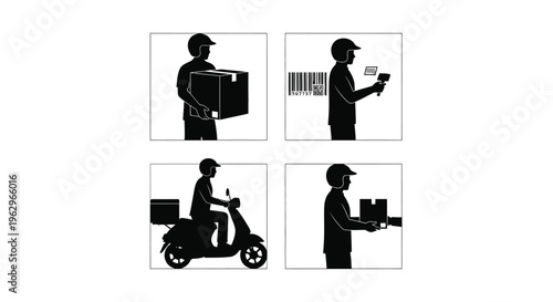 Black and white vector graphic illustrating the four essential steps of the modern package delivery process
