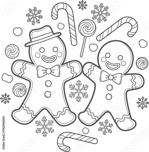 Coloring page of smiling snowman and gingerbread man at christmas