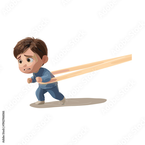 A boy runs quickly with large wooden chopsticks in hand outdoors.